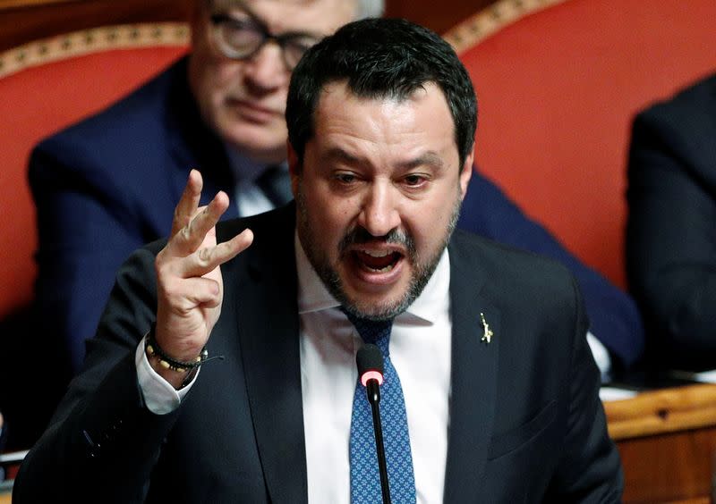 Leader of Italy's far-right party Matteo Salvini gestures at the Senate ahead of a vote on whether to pursue an investigation against him that could give rise to a trial for alleged kidnapping of migrants, in Rome