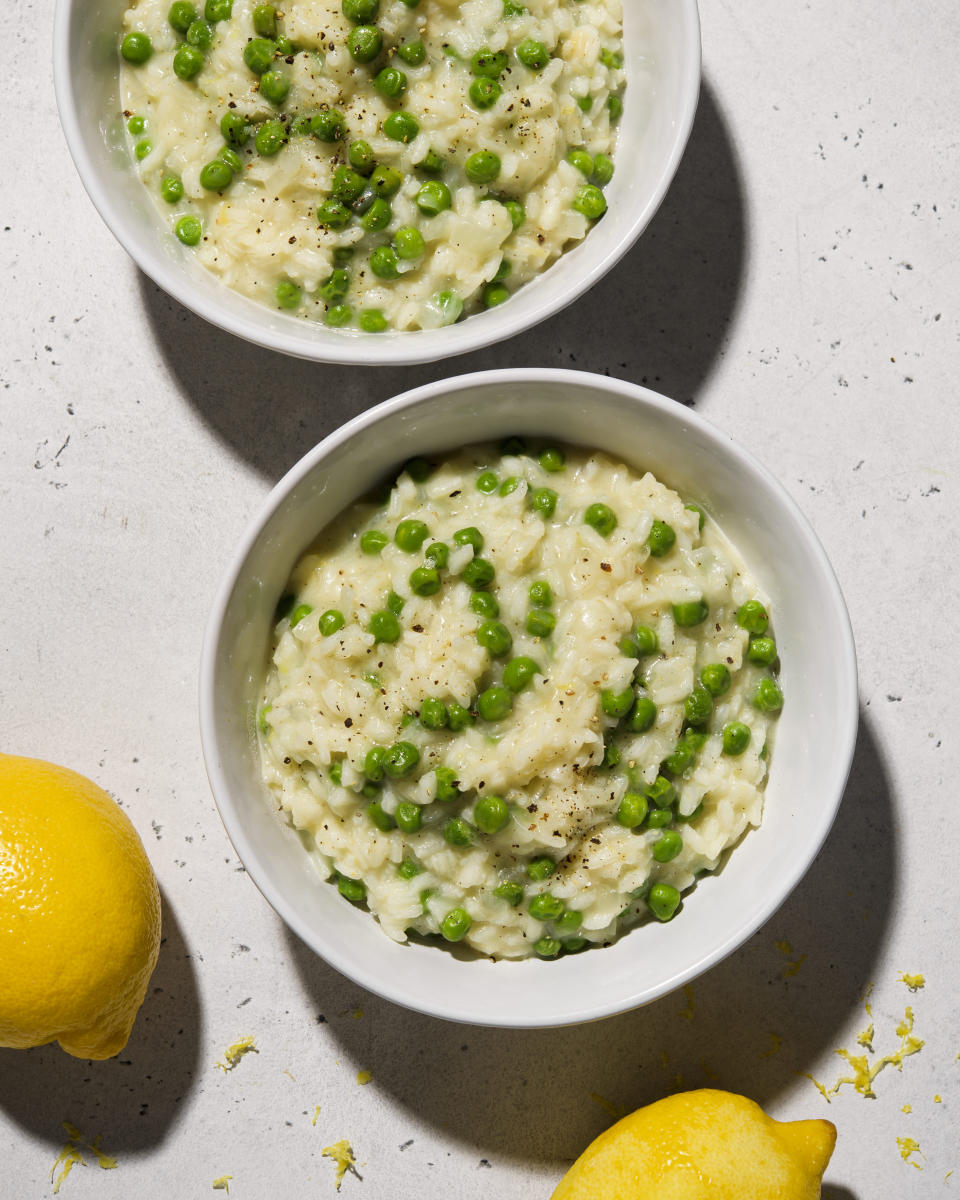 This image released by Milk Street shows a recipe for lemon and green pea risotto. (Milk Street via AP)