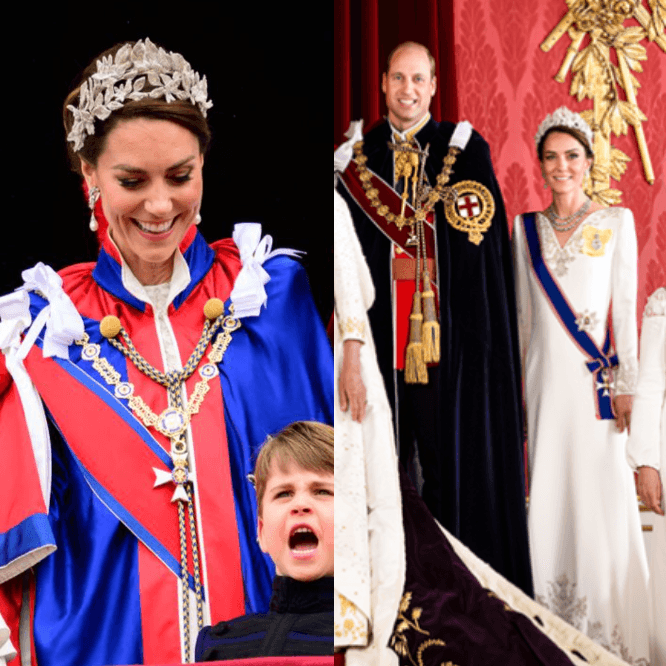 凱特王妃在加冕典禮當天，和拍照時穿的是不同套禮服。（AFP／英國王室網站）
