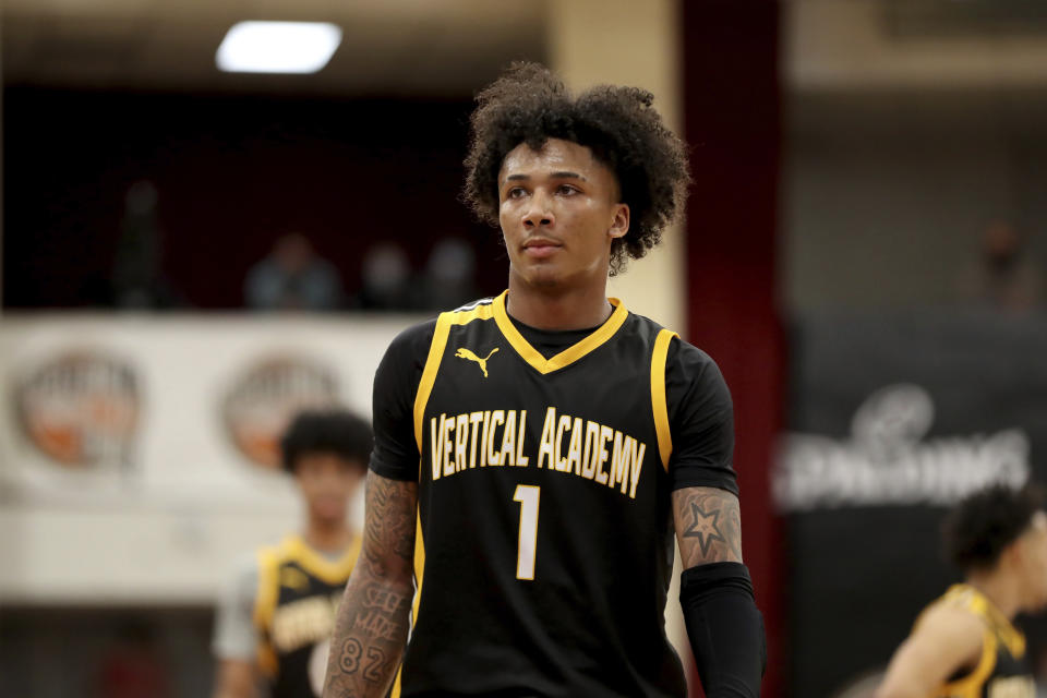 Vertical Academy's Mikey Williams #1 is seen against Westtown School during a high school basketball game at the Hoophall Classic, Friday, January 14, 2022, in Springfield, MA. (AP Photo/Gregory Payan)