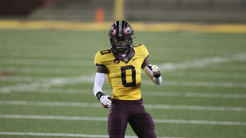 Minnesota wide receiver Rashod Bateman (0) stands on the field during the first half of an NCAA college football game against Purdue, Friday, Nov. 20, 2020, in Minneapolis. Minnesota won 34-31. (AP Photo/Stacy Bengs)