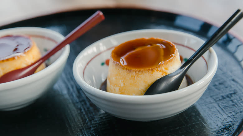 Japanese egg pudding in a bowl with a spoon