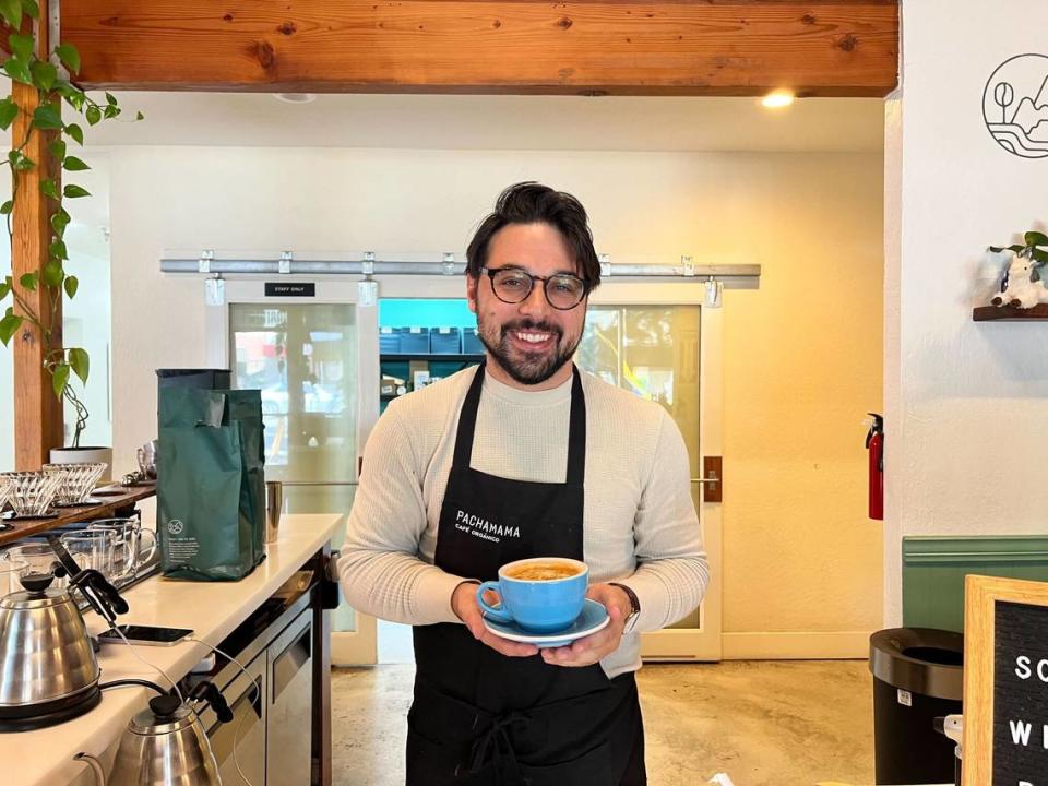 Cruz Conrad, chief retail officer at Pachamama, pours the Honey Bear Latte, a returning drink to Pachamama’s fall menu. It’s a classic latte with notes of honey and cinnamon. The shop’s serving up four specialty drinks, in total, this fall season.