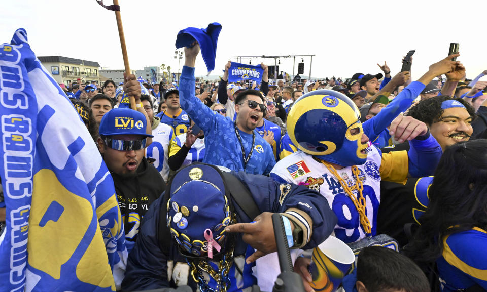 Fans react Thursday, April 25, 2025, in Hermosa Beach, Calif., as the Los Angeles Rams picked Florida State defensive end Jared Verse in the first round of the NFL football draft in Detroit. (Keith Birmingham/The Orange County Register via AP)