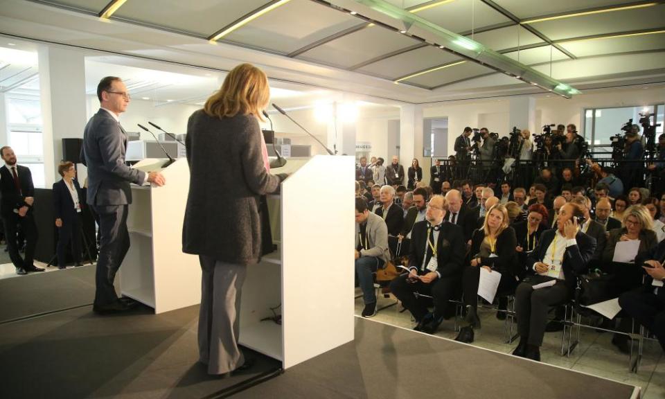 Special deputy of the UN Stephanie Williams and Heiko Maas, German foreign minister, address the media.