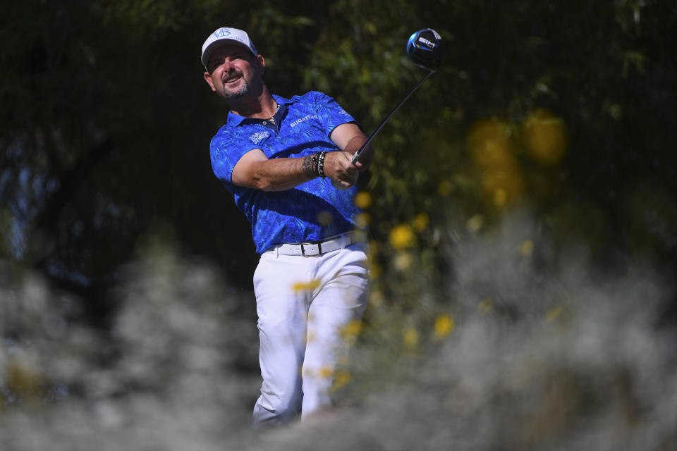 Rory Sabbatini watches his drive during the Shriners Children's Open golf tournament, Sunday, Oct. 10, 2021, at TPC Summerlin in Las Vegas. (AP Photo/Sam Morris)