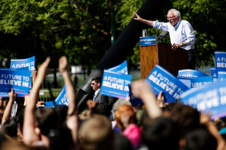 U.S. Democratic presidential candidate Bernie Sanders speaks at a campaign rally in Stockton, California, United States, May 10, 2016. REUTERS/Max Whittaker