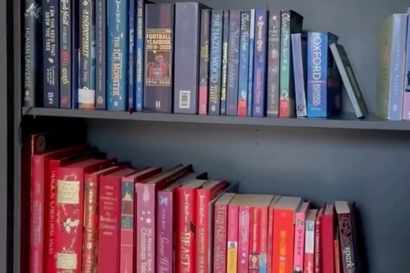 The bookcase is neatly colour coded