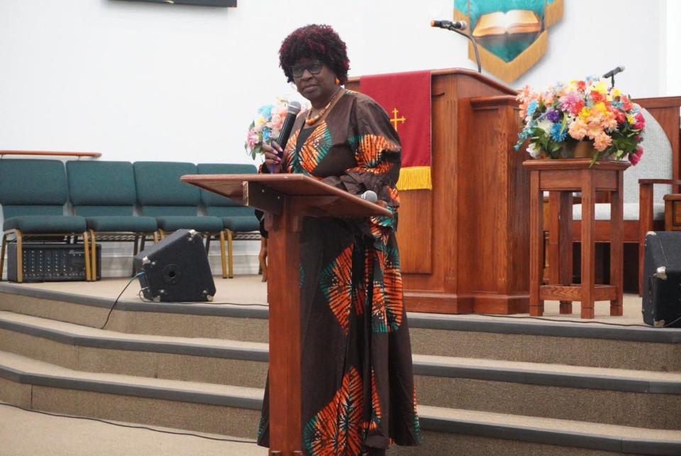 The Rev. Dr. Marie Herring, pastor of DaySpring Baptist Church, speaks during the church's Black History Month service held Sunday to honor six unsung heroes in the community.
(Credit: Photo by Voleer Thomas, Correspondent)