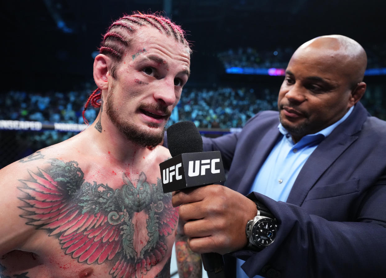 ABU DHABI, UNITED ARAB EMIRATES - OCTOBER 22: Sean O'Malley reacts after his victory over Petr Yan of Russia in a bantamweight fight during the UFC 280 event at Etihad Arena on October 22, 2022 in Abu Dhabi, United Arab Emirates. (Photo by Chris Unger/Zuffa LLC)