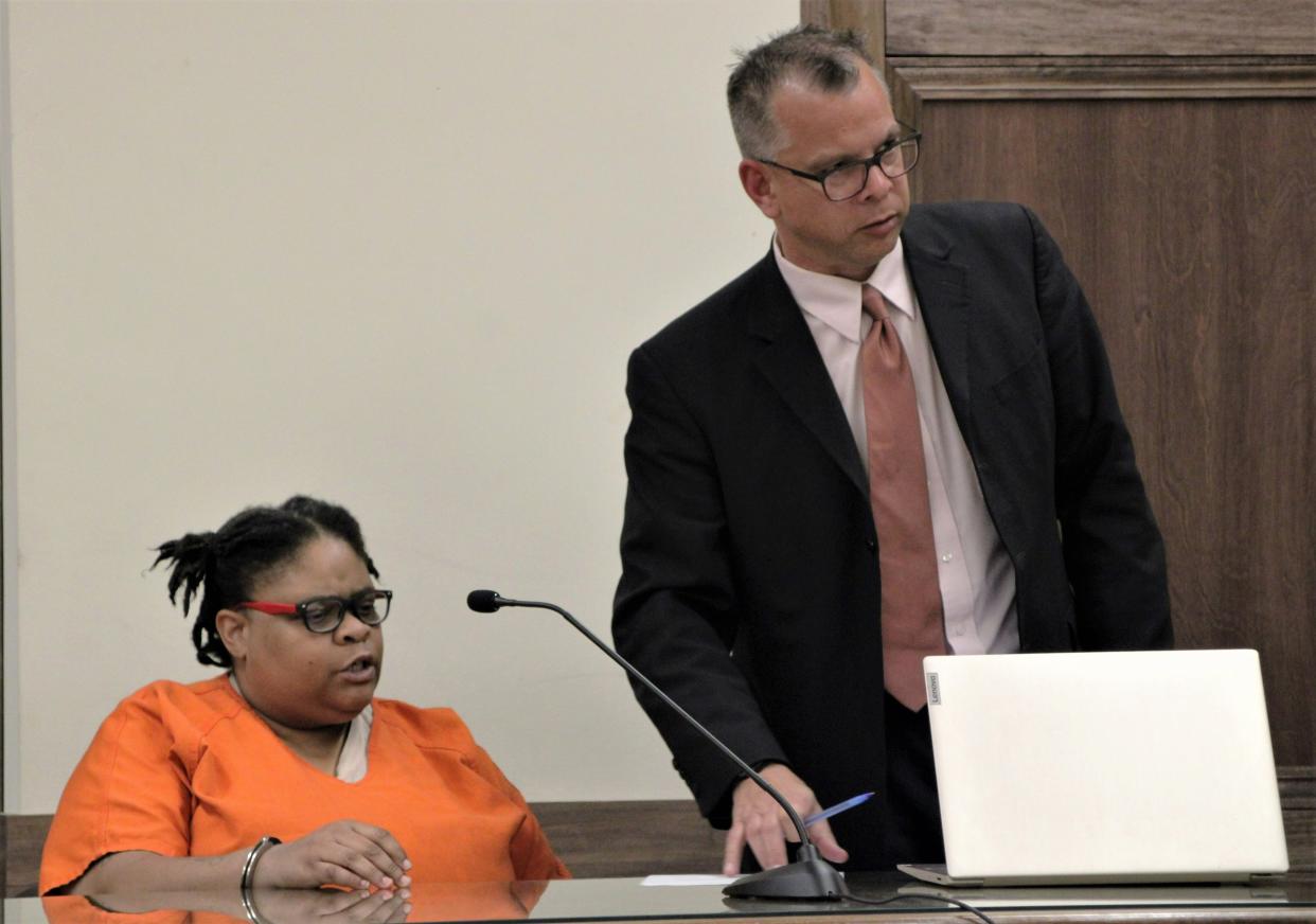 Brandy N. Davis, left, was sentenced to an indefinite term of 10 to 15 years in prison on Monday, March 20, 2023, in Marion County Common Pleas Court after a Marion County jury found her guilty of trafficking in a fentanyl-related compound and possession of a fentanyl-related compound, both first-degree felonies. Also pictured is her attorney Todd Workman.