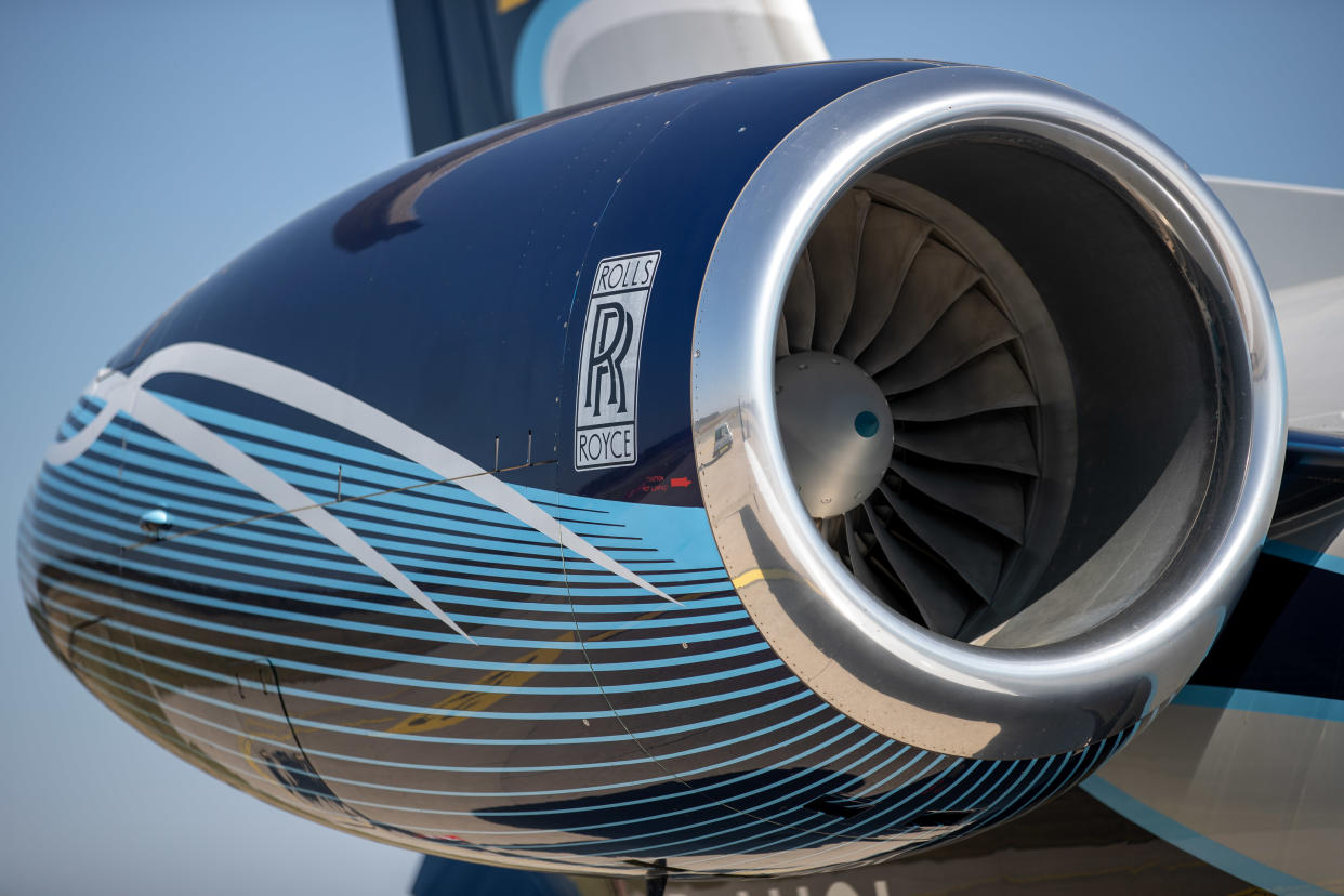 08 April 2020, Bavaria, Nuremberg: A Rolls Royce aircraft engine can be seen on a plane at Albrecht Dürer Airport Nuremberg. Photo: Daniel Karmann/dpa (Photo by Daniel Karmann/picture alliance via Getty Images)