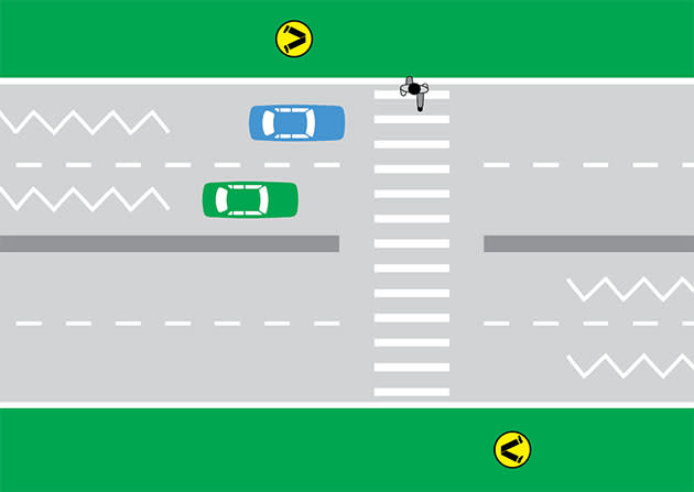 Pictured is an RMS graphic of a pedestrian crossing a zebra crossing as a green and blue car approach. 