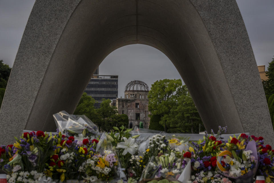 HIROSHIMA, JAPAN - AUGUST 05: The Atomic Bomb Dome is seen through Hiroshima Victims Memorial Cenotaph on August 05, 2022 in Hiroshima, Japan. This Saturday will mark the 77th anniversary of the atomic bombing of Hiroshima in which between 90,000 to 146,000 people were killed and the entire city destroyed in the first use of a nuclear weapon in armed conflict. Survivors and dignitaries including Japans Prime Minister Fumio Kishida and United Nations Secretary General Antonio Guterres will attend the commemoration. (Photo by Yuichi Yamazaki/Getty Images)