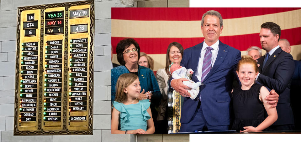 A board in the Nebraska legislature shows the end of a debate on a bill that bans abortion at 12 weeks and gender-affirming care for minors. Nebraska Gov. Jim Pillen holds a newborn at a ceremony for the signing of that bi. (AP, Lincoln Journal Star)