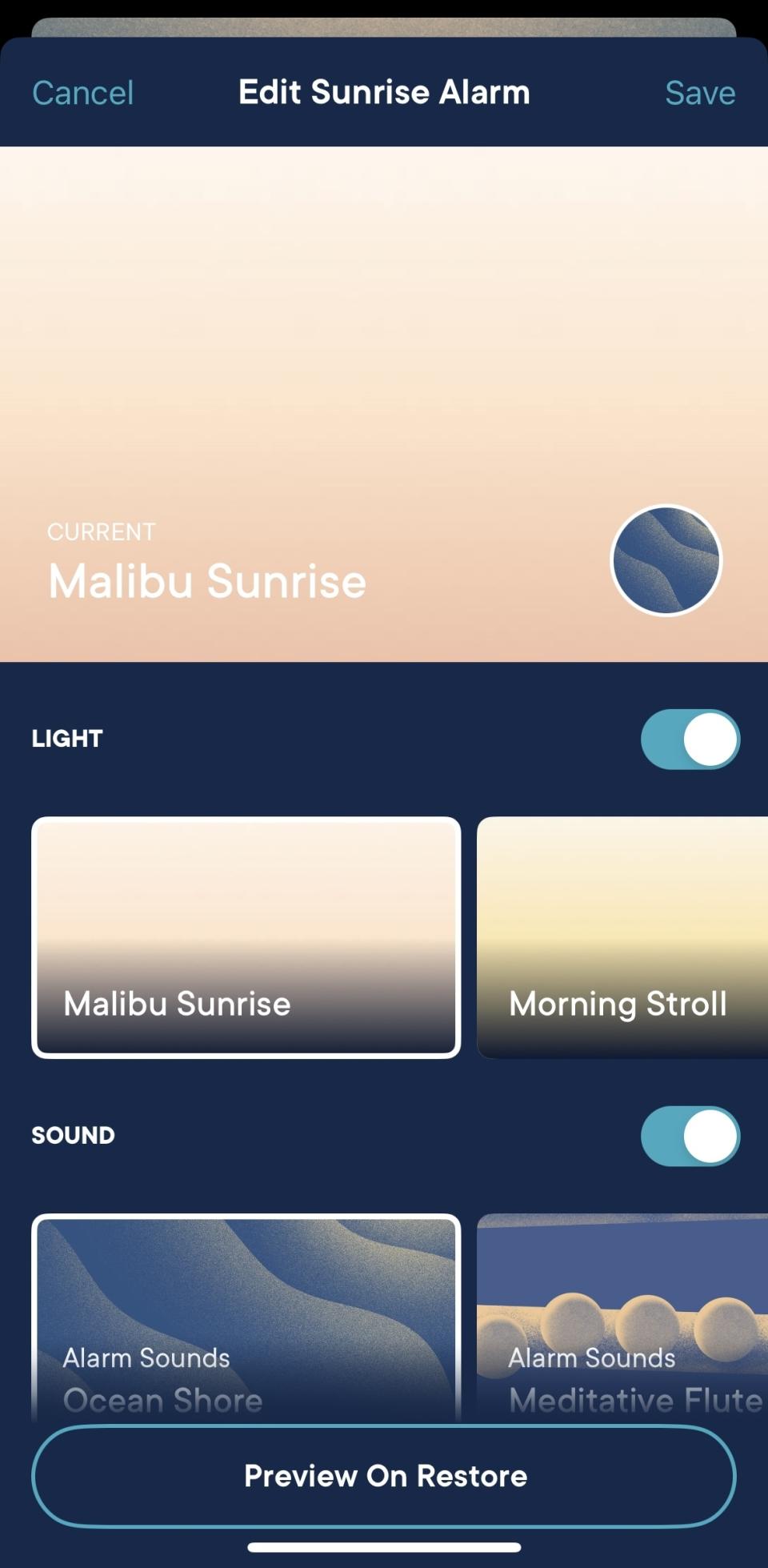 Phone screen displaying "Edit Sunrise Alarm" with toggle options for "Malibu Sunrise" and "Morning Stroll" under LIGHT and "Ocean Shores", "Alarm Sounds", and "Meditative Flute" under SOUND
