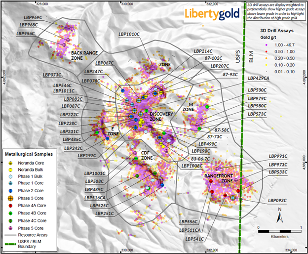 Map of all Black Pine Bulk Sample and Metallurgical Core Locations