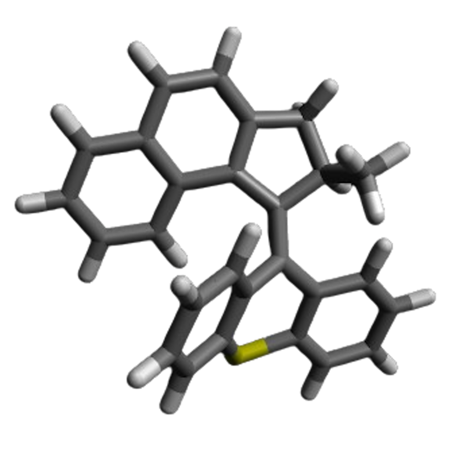 The 3D structure of a molecular machine. The molecular machine consists of rotor (top) and stator (bottom) portions connected by a central axle. Following light activation, molecular machines rotate rapidly, drilling into fungal cells. Tour Lab, Rice University