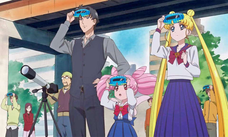 A still from the TV show "Sailor Moon Crystal" (Season 3) featuring a total solar eclipse. <cite>Toei Animation</cite>