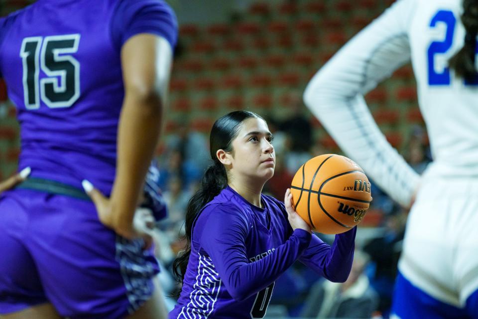 Olivia Arvallo (0) of the Valley Vista Monsoon takes a free throw during the 6A girls basketball championship at Veterans Memorial Coliseum on March 4, 2023, in Phoenix.
