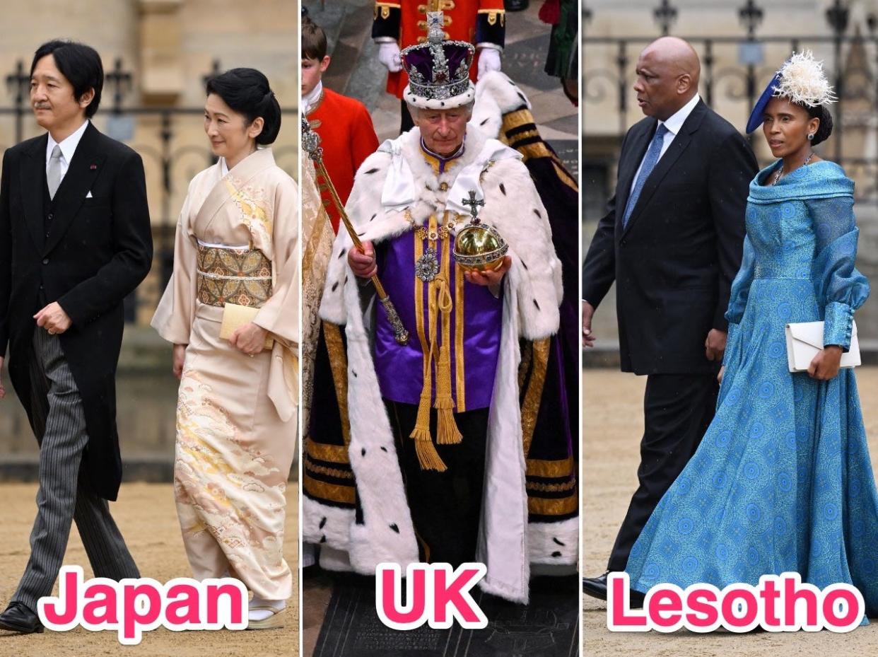 Crown Prince Akishino and Crown Princess Kiko of Japan (L), King Charles III (C), and King Letsie III and Queen Masenate Mohato Seeiso of Lesotho (R).