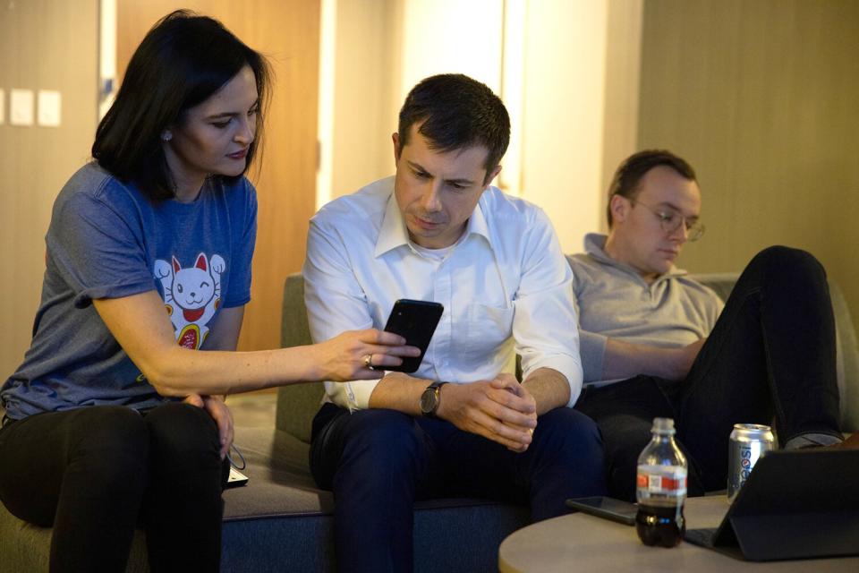 Presidential candidate Pete Buttigieg visits polling stations in Nashua, NH on Feb 11, 2020