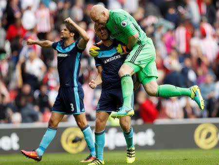 Britain Soccer Football - Sunderland v Middlesbrough - Premier League - Stadium of Light - 21/8/16 Middlesbrough's Brad Guzan and Ben Gibson celebrate after the game Action Images via Reuters / Lee Smith Livepic EDITORIAL USE ONLY.