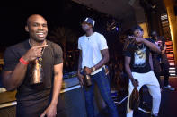 LAS VEGAS, NEVADA - JUNE 14: (L-R) Jodie Meeks, Serge Ibaka and Jordan Loyd of the Toronto Raptors celebrate their NBA championship at XS Nightclub at Wynn Las Vegas on June 14, 2019 in Las Vegas, Nevada. (Photo by David Becker/Getty Images for Wynn Las Vegas)