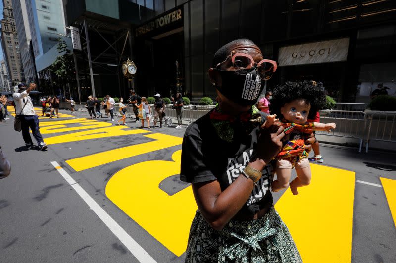 Newly painted "Black Lives Matter" mural along 5th Avenue outside Trump Tower in New York City