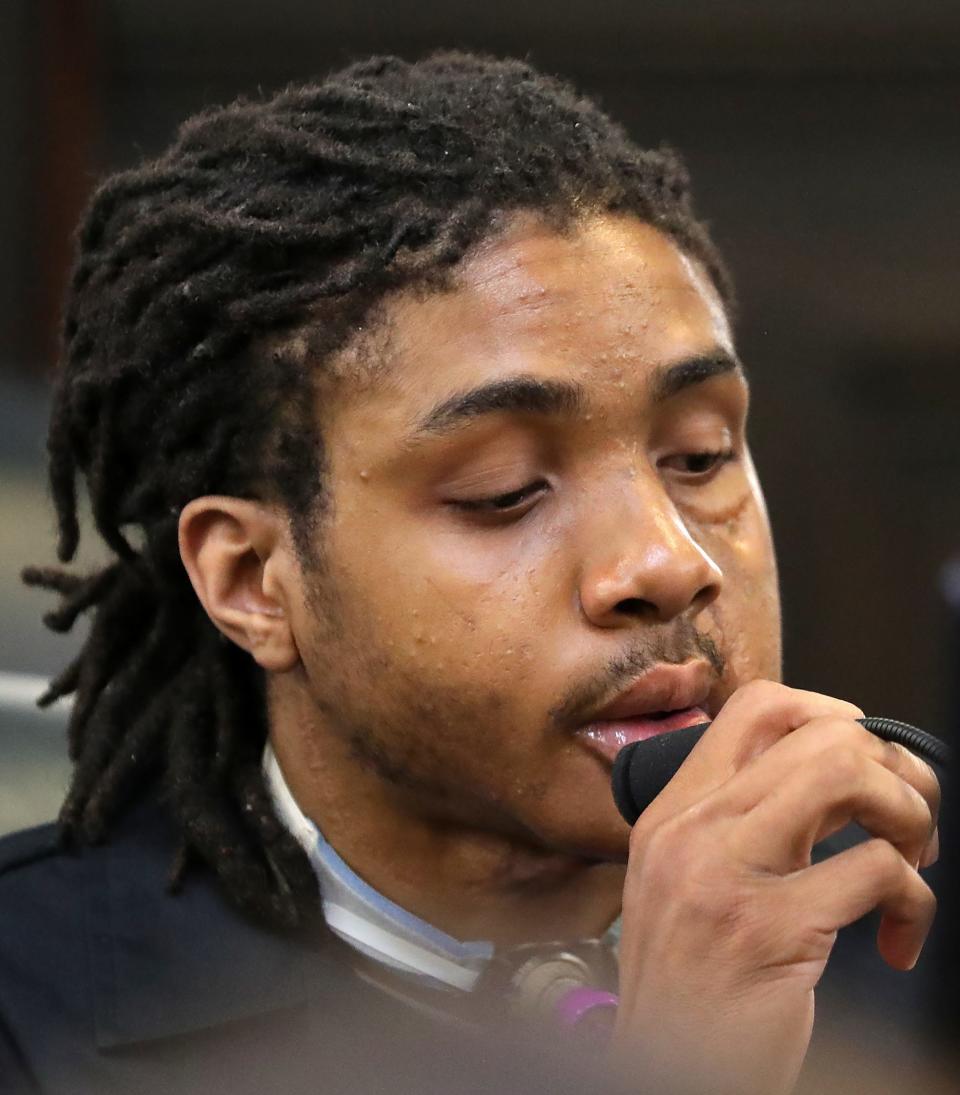 DeAngelo Preston delivers a statement Monday before being sentenced to 21 years to life in prison for the shooting death of 20-year-old Nykayla Lehman.