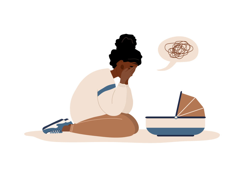 Postpartum depression. African tired woman leaning over newborn baby and covering face with hand. Young mother needs psychological help. Mood disorder. Vector illustration in flat cartoon style.