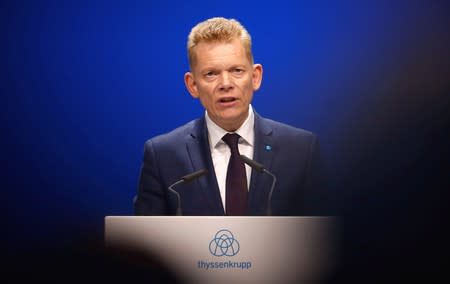 Guido Kerkhoff, CEO of steelmaker Thyssenkrupp AG, speaks during the annual shareholders meeting in Bochum