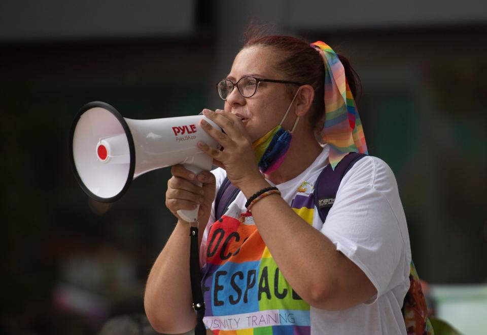 Kimberly Chambers addresses participants ahead of the second annual NoCo Pride March in Fort Collins on July 17, 2020. Coloradoan file photo