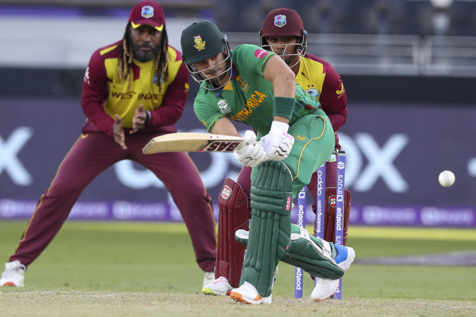 South Africa's Reeza Hendricks bats during the Cricket Twenty20 World Cup match between South Africa and the West Indies in Dubai, UAE, Tuesday, Oct. 26, 2021. (AP Photo/Kamran Jebreili)
