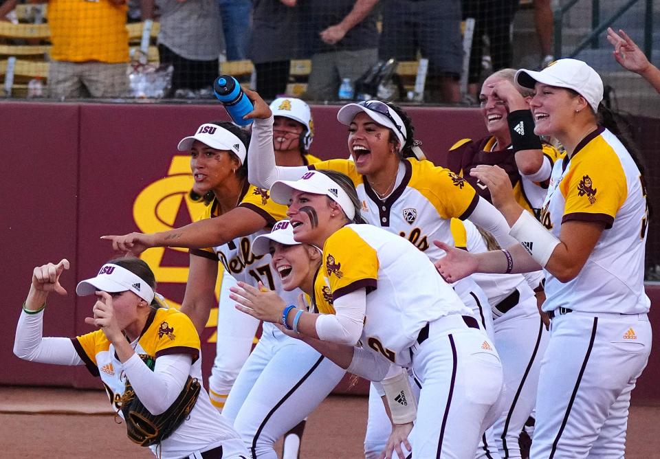 May 27, 2022; Tempe, Arizona; USA; ASU celebrates a home run against Northwestern during a Super Regional Game against Northwestern. Mandatory Credit: Patrick Breen-Arizona Republic