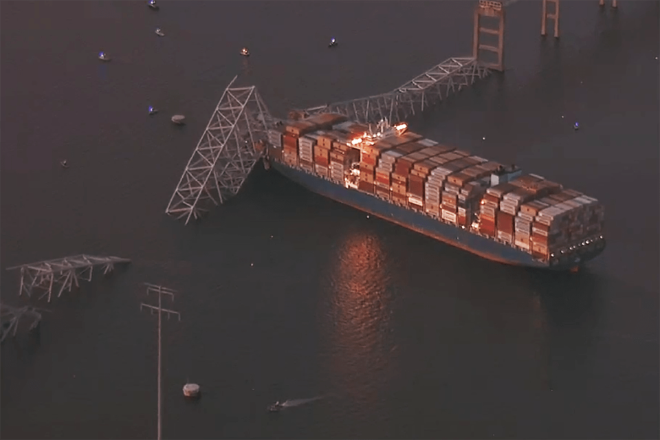 Aerial footage reveals extent of destruction caused by a cargo ship colliding with the Francis Scott Key Bridge in Baltimore, Md., on March 26, 2024.  (via WBAL / Sky Team 11)