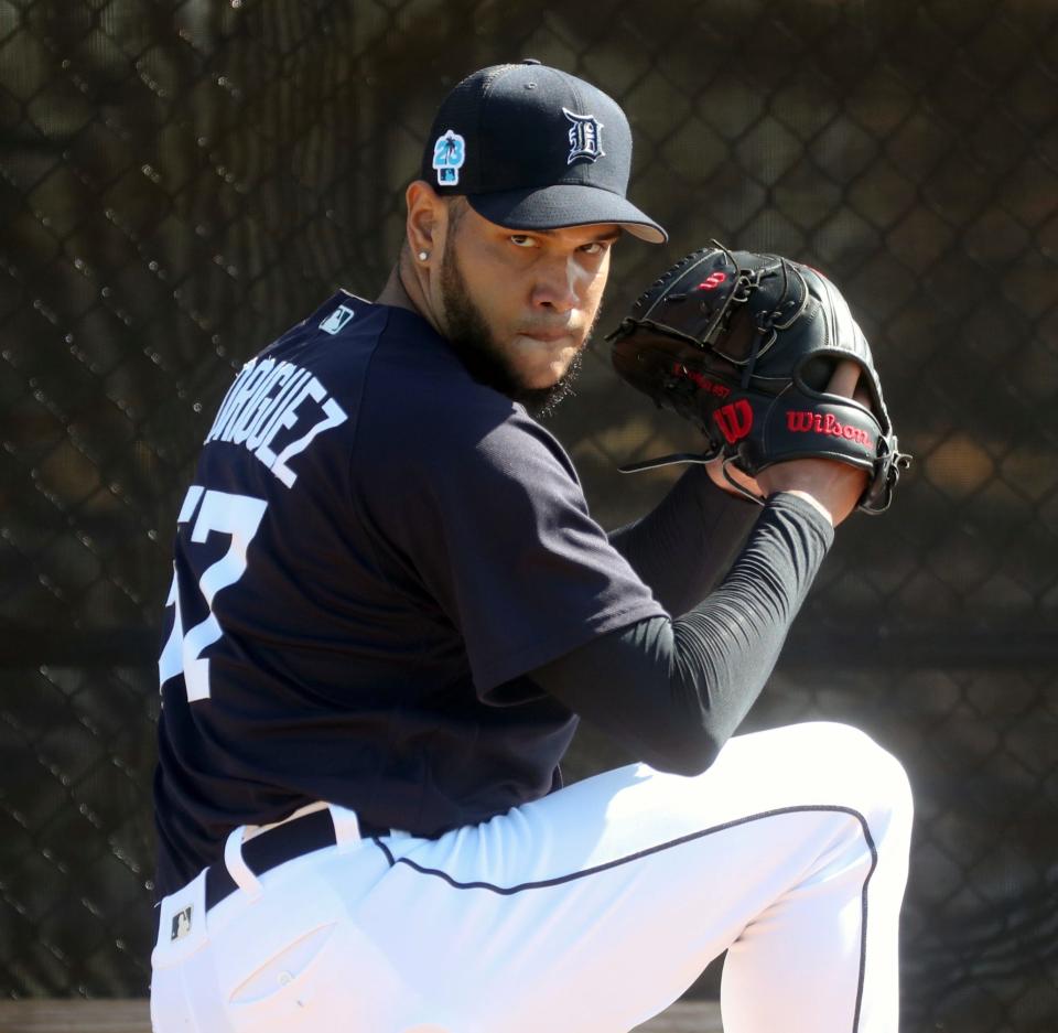 Detroit Tigers pitcher Eduardo Rodriguez warms up before live batting practice during spring training Feb. 21, 2023 in Lakeland, Fla.