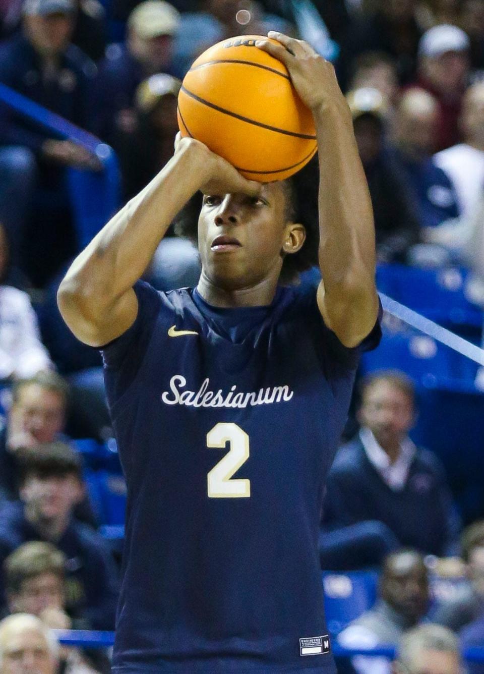 Salesianum's Kareem Thomas lines up a three-pointer in the first half of the Sals' 65-51 win in a DIAA state tournament semifinal at the Bob Carpenter Center, Thursday, March 7, 2024.