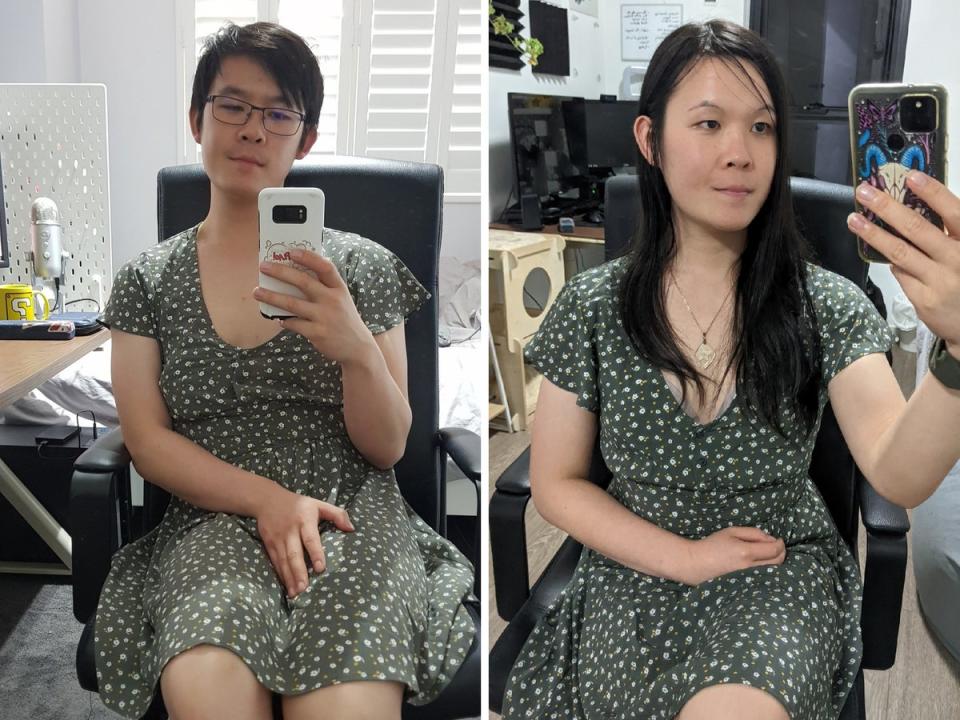 On the left, Jasmine Yang in her empty office in April 2020. On the right, Yang celebrating her second year on estrogen by restaging the same selfie (Jasmine Yang)
