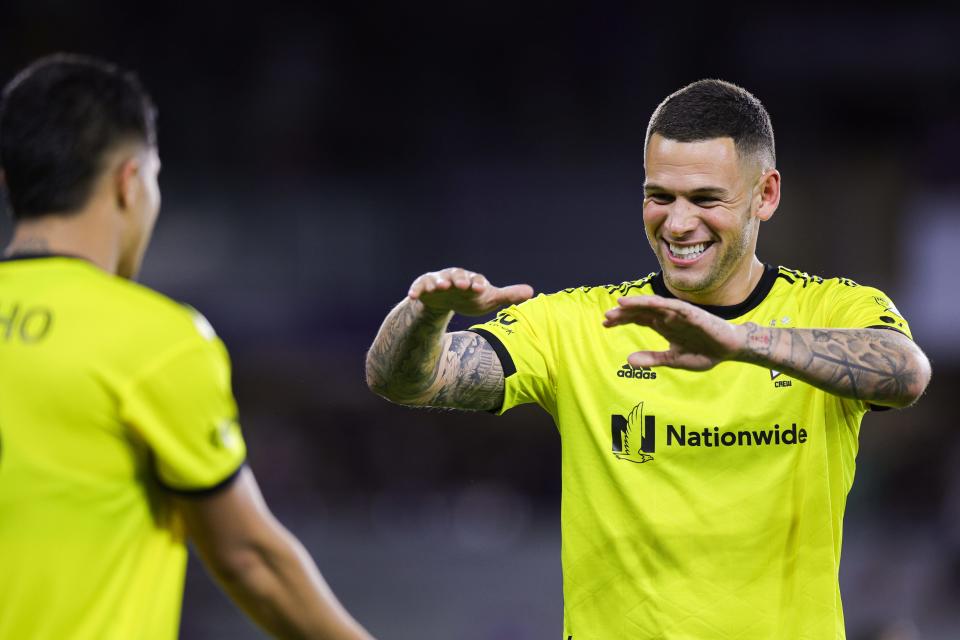 Nov 25, 2023; Orlando, Florida, USA; Columbus Crew forward Christian Ramirez (right) celebrates scoring a goal against Orlando City with forward Cucho Hernández (left) during the first half of extra time in a MLS Cup Eastern Conference Semifinal match at Exploria Stadium. Mandatory Credit: Nathan Ray Seebeck-USA TODAY Sports