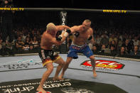 <p>Another feud kicked off at UFC 47, where Liddell (R) knocked out former training partner Ortiz (L) in the second round of a highly anticipated light heavyweight bout in Las Vegas on April 2. Liddell won their rematch in December 2006 via TKO and they will incredibly rematch again under the Golden Boy promotions banner later on Nov. 24. (Photo by Josh Hedges/Zuffa LLC/Zuffa LLC via Getty Images) </p>