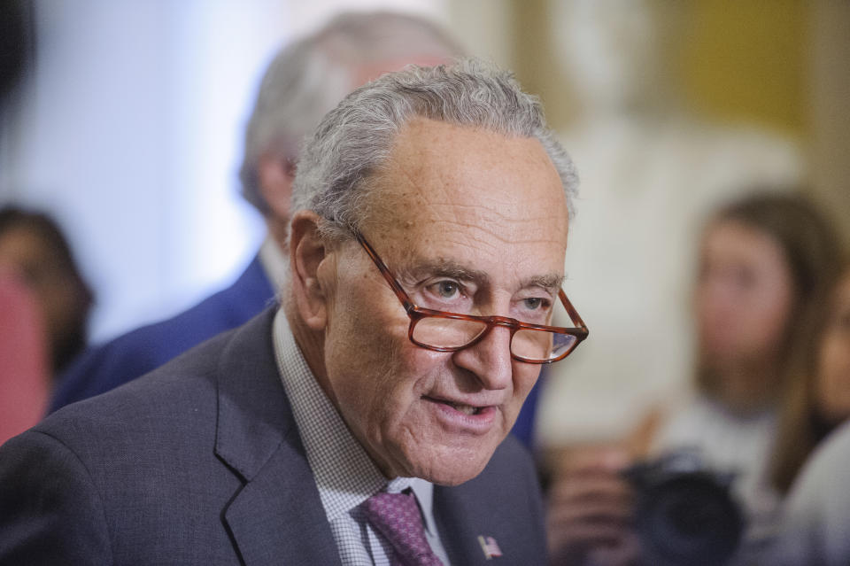 FILE - Senate Majority Leader Chuck Schumer, D-N.Y., offers remarks following the Senate Democrats policy luncheon at the U.S. Capitol, July 30, 2024, in Washington. Schumer is daring Republicans to vote against a bipartisan tax cut package aimed at expanding the child tax credit for million of families and restoring some business tax breaks. (AP Photo/Rod Lamkey, Jr., File)