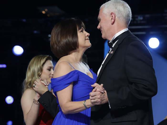 WASHINGTON, DC - JANUARY 20: U.S. Vice President Mike Pence (R) and his wife Karen Pence dance during the Freedom Ball at the Washington Convention Center January 20, 2017 in Washington, DC. The ball is part of the celebrations following Pence and Donald Trump's inauguration. (Photo by Chip Somodevilla/Getty Images)