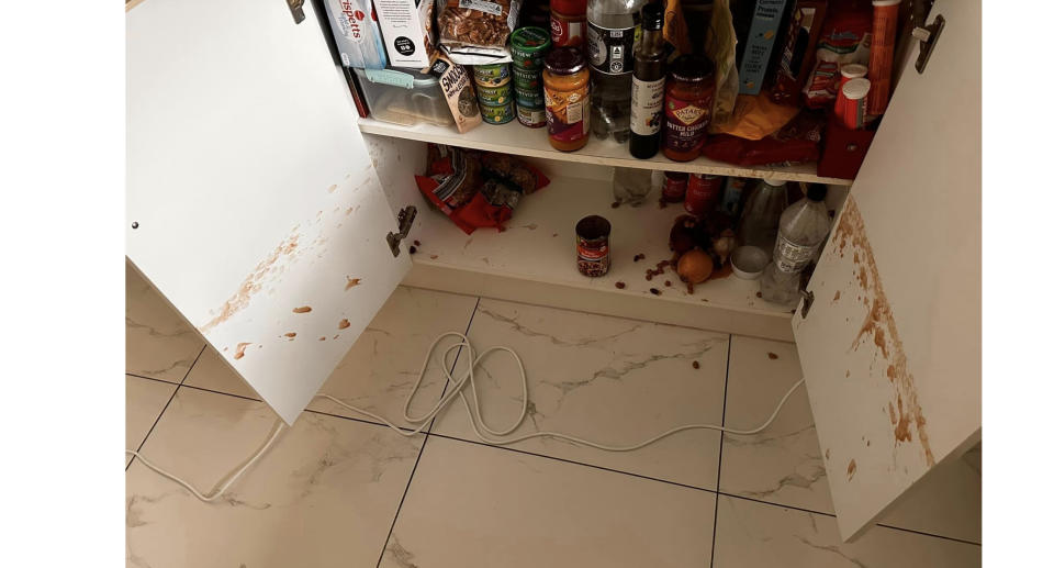 The mess inside the cupboard. 