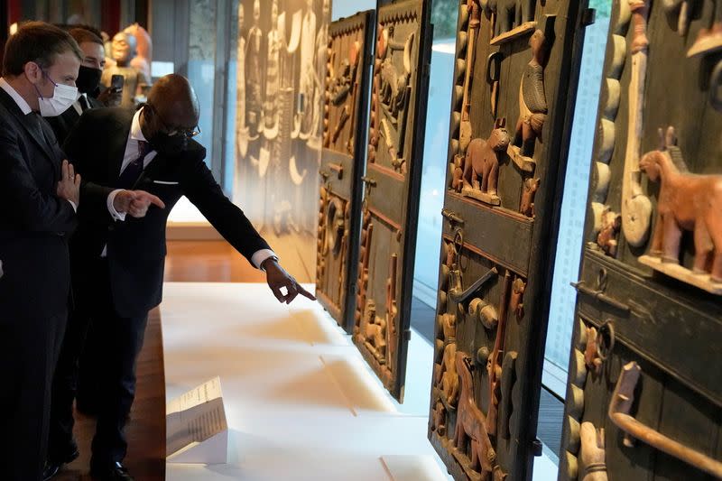 French President Emmanuel Macron visits the Quai Branly museum, in Paris