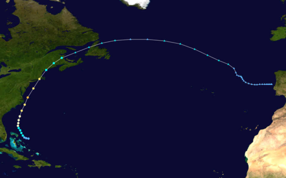 This image from the National Weather Service shows the track that Hurricane Bob had in August 1991. The system made direct landfall in Maine as a tropical storm.