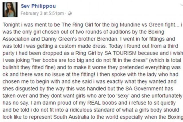 Green-Mundine ring girl cut because 'breasts are too big