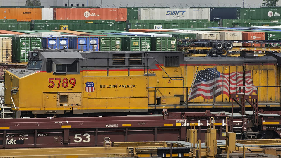 The Union Pacific LATC Intermodal Terminal is seen on Tuesday, April 25, 2023, in Los Angeles. California's Air Resources Board is set to vote on a rule to cut greenhouse gas and smog-forming emissions from diesel-powered locomotives used to pull rail cars through ports and railyards. (AP Photo/Damian Dovarganes)