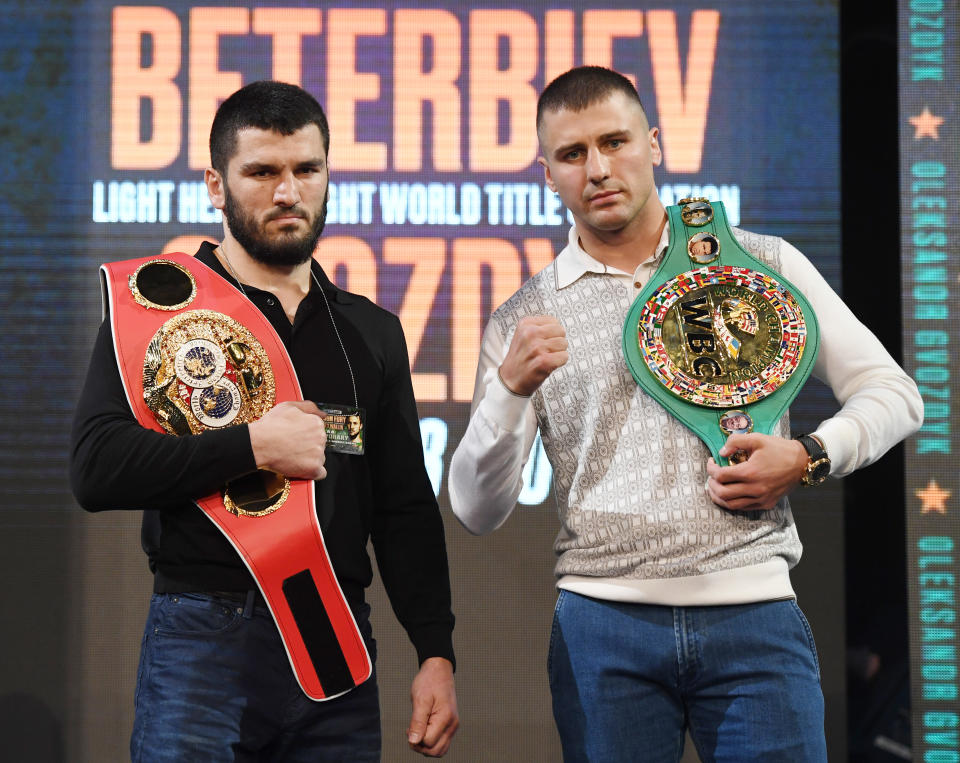 LAS VEGAS, NEVADA - SEPTEMBER 13:  IBF light heavyweight champion Artur Beterbiev (L) and WBC light heavyweight champion Oleksandr Gvozdyk pose during a news conference announcing Top Rank Boxing's fall schedule at the KA Theatre at MGM Grand Hotel & Casino on September 13, 2019 in Las Vegas, Nevada. The two will meet in a light heavyweight unification title fight on Oct 18 in Philadelphia.  (Photo by Ethan Miller/Getty Images)