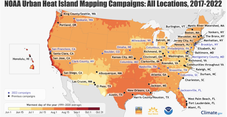 Cities where urban heat mapping campaigns have been undertaken with the help of local residents in the last five years (NOAA)